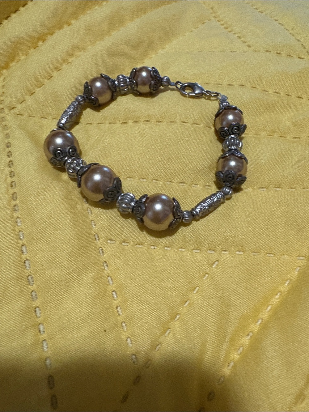 Pearl-Style Beaded Bracelet - Champagne Brown with Silver Accents